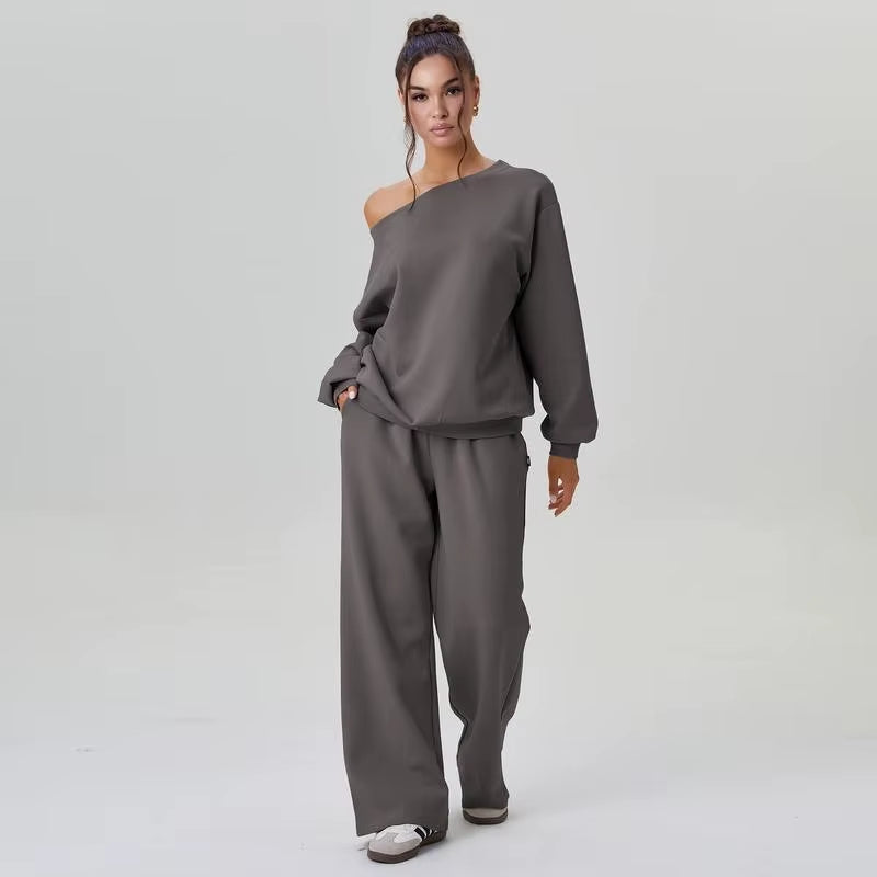 Women'S Leisure Solid Color Sloping Shoulder Long Sleeve Top & Wide Leg Trousers Co-Ord, Cozy Scoop Neck Loose Outfits Outwear